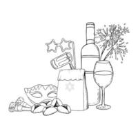 Purim Mishloach manot, with traditional pastry, drink and gifts black and white illustration with hamantaschen cookies, raashan, masks and sparklers. Hand drawn line sketch for coloring book vector