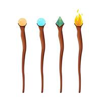 Set of magic staff, walk sticks or wands with glow gems, frozen ice crystal and flame. Magician weapon rods. illustration. vector