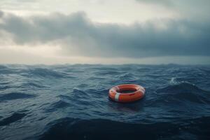 A colorful life ring floats on choppy ocean waters, symbolizing hope and potential rescue during emergencies, inspiring confidence and providing assurance of safety for those in peril photo