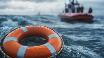 A bright life ring floats in turbulent waters, symbolizing hope during rescues. A boat in the background emphasizes urgent responses to distress, highlighting safety in maritime adventures photo