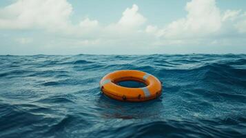 An orange life ring floats in the ocean, symbolizing hope and safety, representing rescue operations and contrasting calm waters with maritime emergencies, emphasizing preparedness and vigilance photo