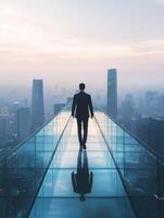 A successful businessman stands on a glass walkway with a stunning city skyline. This symbolizes the fusion of business and technology, reflecting ambition and progress in todays evolving world photo
