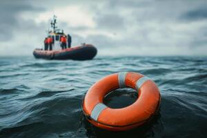 A bright orange life ring floats in the sea as a sturdy rescue boat navigates the choppy waves, highlighting the importance of safety measures during emergencies when quick actions save lives photo