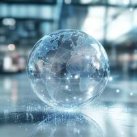 A striking holographic blue globe serves as a powerful symbol of modern technology and global connectivity, vividly showcasing network connections that define our digital age and society today photo