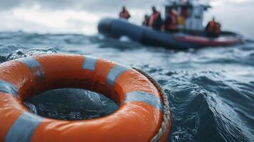 A vivid image features a bright life ring in the foreground, symbolizing hope during a sea rescue, while a rescue boat appears in the background, highlighting the urgency of the situation photo