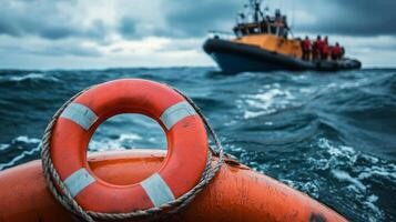 A bright life ring contrasts with the churning sea, while a distant boat conducts an urgent rescue, highlighting the vital importance of safety at sea during emergencies where lives are at stake photo