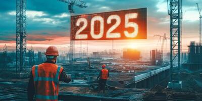 In 2025, a skilled team works at a vibrant construction site to build their dreams against a stunning sunset, symbolizing progress and innovation in the evolving construction industry photo