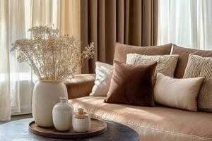 Explore a charming range of elegant home decor with a soothing mocha mousse color scheme to enhance the luxurious ambiance of your living spaces, making them more enjoyable and welcoming photo