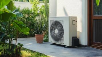 This highly efficient heat pump, which is strategically installed outdoors, ensures optimal indoor temperatures while promoting significant energy savings and enhancing ecofriendliness in homes photo