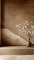 This serene interior features calming mocha tones and a minimalist aesthetic that promotes peace. An elegant vase with delicate branches enhances the warm atmosphere throughout the space photo