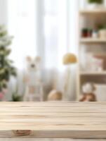 A serene wooden tabletop positioned beautifully, complemented against a softly blurred background of a baby room, making it an ideal setting for product presentations and stylish mockups photo