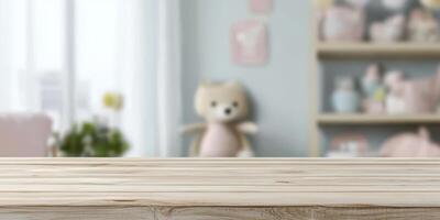 A beautifully crafted wooden tabletop serves as a focal point, set against a softly blurry background of a charming baby room, creating a stylish space to display various products photo