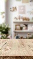 This image features an empty wooden tabletop that has a blurred baby room background, making it an ideal setting for showcasing product presentations and creating mockups visually appealing photo