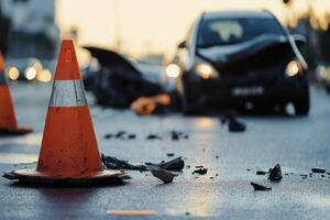 The image shows orange construction cones on the road, indicating a traffic accident in the background. This conveys urgency and chaos, highlighting the need for caution among drivers and pedestrians photo