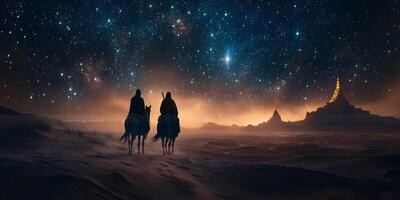Two mysterious figures embark on an epic adventure through an endless desert under a starlit sky filled with galaxies, creating a captivating and unforgettable atmosphere with each step photo