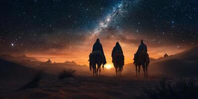 The wise Magi embark on a transformative journey across a desolate desert, silhouetted against a starlit sky, symbolizing their adventurous spirit and dedication to their sacred quest photo
