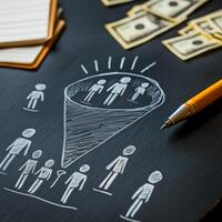 A graphic of a marketing sales funnel shows figurines as potential customers and money icons for conversions, illustrating the sales process from initial engagement to final purchase photo