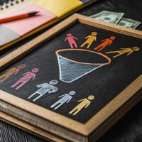 This image shows a marketing sales funnel, depicting potential customers as figurines moving through a funnel, ultimately leading to conversions, with money symbols highlighting the financial aspects photo