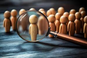 A magnifying glass enlarges a small figure, symbolizing the detailed analysis needed to identify a unique individual in a crowd, allowing focus on the traits that distinguish them from others photo