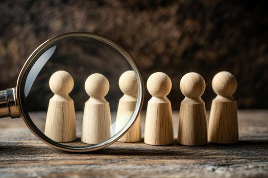 A magnifying glass distinctly highlights wooden figures, effectively symbolizing both the concept of scrutiny and the ongoing search for individuals hidden within a larger group or collective setting photo