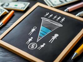 Explore the marketing sales funnel that shows how potential customers move through stages to conversion, represented by engaging figurines and dollar signs for better understanding photo
