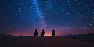 Three weary travelers cross a vast desert under a stunning starlit sky, with the Milky Way embodying the spirit of exploration and adventure for those brave enough to seek the unknown photo