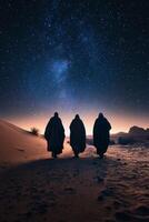 Three wise magi journey across a shimmering and vast desert landscape, all under a breathtaking and mesmerizing starry sky, evoking a deep sense of mystery and wonder for all who behold it photo