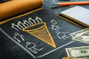 Visual representation of a marketing sales funnel with figurines and money symbols, illustrating customer journey and conversions photo