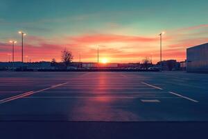 A serene scene shows a vibrant sunset casting a warm glow over an empty supermarket parking lot, with colorful hues in the sky and soft reflections adding charm and tranquility to the landscape photo