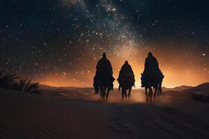 Three travelers embark on a journey through a mystical desert, guided by bright stars and a warm glow on the horizon, evoking a profound sense of wonder and adventure that captivates them photo