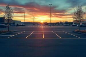 As the day draws to a close, a picturesque sunset casts its warm glow over an empty parking lot situated near a supermarket, resulting in a tranquil and serene atmosphere that invites contemplation photo