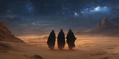 Three cloaked figures navigate the vast, endless expanse of a desert, all under a breathtaking starlit sky, creating an atmosphere that evokes a powerful sense of both adventure and profound mystery photo