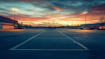 The scene captures a tranquil and serene view of an empty parking lot located beside a large supermarket, beautifully illuminated by soft colors from the sunset and the warm glow of street lights photo