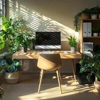 This beautifully designed home office enhances productivity and comfort with a crafted wooden desk, modern computer setup, and vibrant plants, creating a serene atmosphere for work or study photo