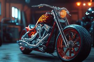 Behold a stunning red custom chopper with a flashy flame paint job showcased in a beautifully organized garage. This motorcycle blends art and engineering, a true marvel for biking enthusiasts photo