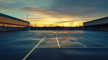 As evening falls, a quiet parking lot by a busy supermarket offers a stunning sunset view, with warm colors reflecting on the wet pavement, creating a picturesque and soothing scene photo