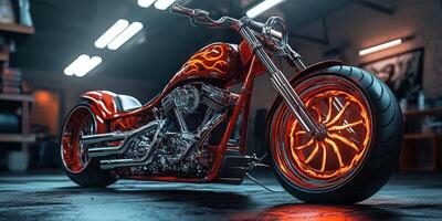 A striking red chopper motorcycle with a fiery flame paint job is elegantly displayed in a modern garage, highlighting its intricate designs and powerful character that makes it truly unique photo