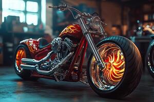 In a garage setting, a stunningly sleek red custom chopper motorcycle with an eyecatching flame paint job is prominently displayed, showcasing the intricate craftsmanship and unique design details photo