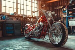 A vivid red custom chopper with a flame paint job is showcased in a spacious garage, embodying the authentic spirit of motorcycle culture and the community it fosters among bikers photo