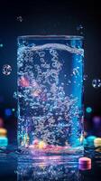 Discover vibrant and colorful tablets that easily dissolve in water, releasing delightful bubbles that invigorate and uplift your senses with each refreshing and enjoyable sip you take photo