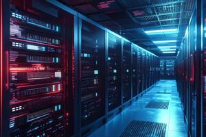 A dark tech server room filled with multiple computer racks, effectively showcasing secure facilities that host critical systems and advanced data infrastructure necessary for operations photo