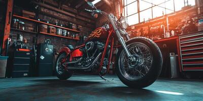 In a wellequipped garage for motoring enthusiasts, a custombuilt red chopper motorcycle with a flame paint job is prominently displayed, highlighting its unique design and exceptional craftsmanship photo