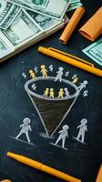 The marketing sales funnel illustration shows customer figures and money symbols, depicting conversions and potential earnings at each stage of the sales process, from awareness to final purchase photo