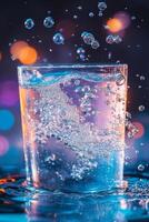 Effervescent tablets dissolve in water, releasing vibrant bubbles that create mesmerizing swirling patterns, offering a captivating visual experience thats both entertaining and inspiring photo