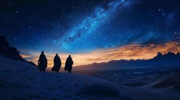 Three enigmatic figures traverse the vast desert sands beneath a captivating starry sky, symbolizing hope, wonder, and the unyielding spirit of exploration in their extraordinary adventure photo