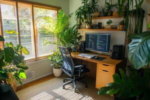 A stylish home office with a modern desk, computer setup, vibrant plants, and warm sunlight creates an inspiring atmosphere that enhances creativity and focus, making it an inviting workspace photo