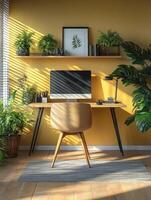 This stylish home office features a wellarranged desk with a computer and vibrant plants, creating an inviting and inspiring workspace in a warm, sunny atmosphere ideal for productivity photo