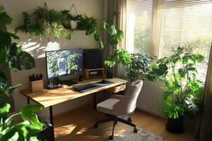 This modern home office has a sleek desk with a hightech computer setup and vibrant plants, creating a serene and inviting workspace that promotes comfortable and efficient work habits photo