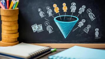 This visual illustrates the marketing sales funnel, showing the journey of potential customers from initial awareness to final purchase, highlighting the important stages in the process photo