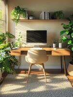 A chic home office featuring a sleek modern desk with a computer, adorned with vibrant green plants in a sunlit space, creating an ideal environment for productivity and creativity photo